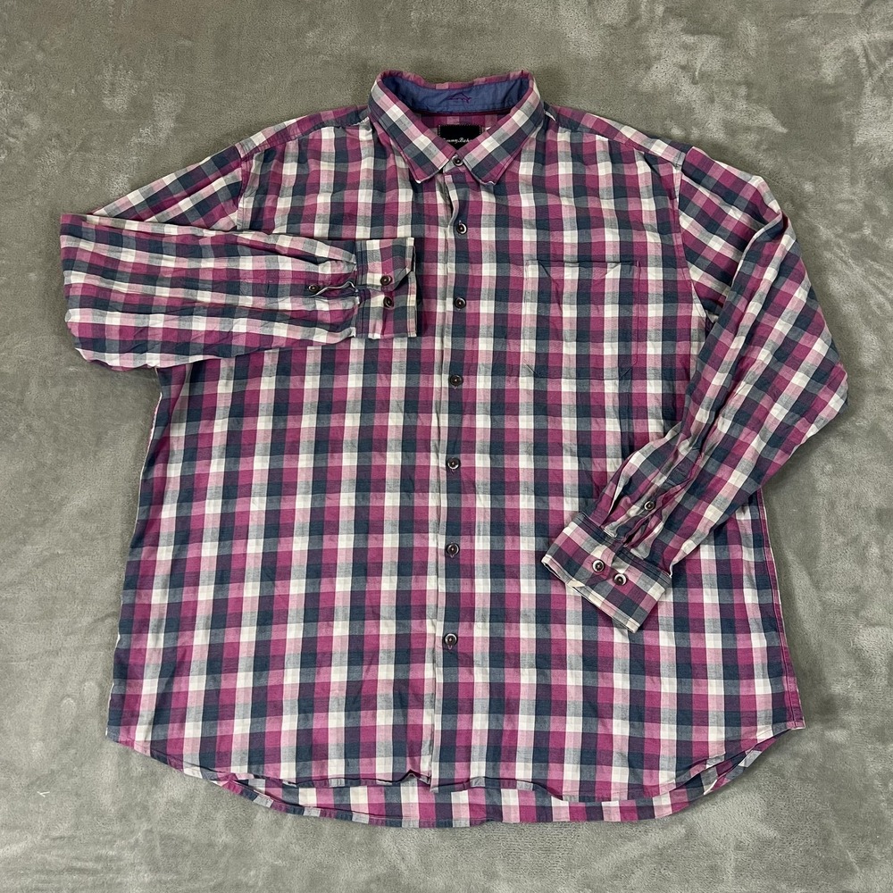Tommy Bahama Shirt Mens 2XL Pink Blue Plaid Long Sleeve Stretch Button Down